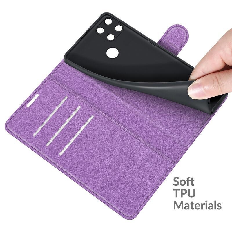 Litchi PU bőr pénztárca tok mobiltelefonhoz Realme C21Y/C25Y - lila