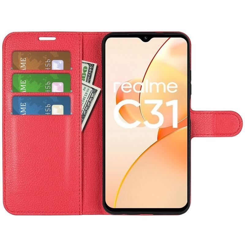 Litchi PU bőr pénztárca tok mobil Realme C31 - piros