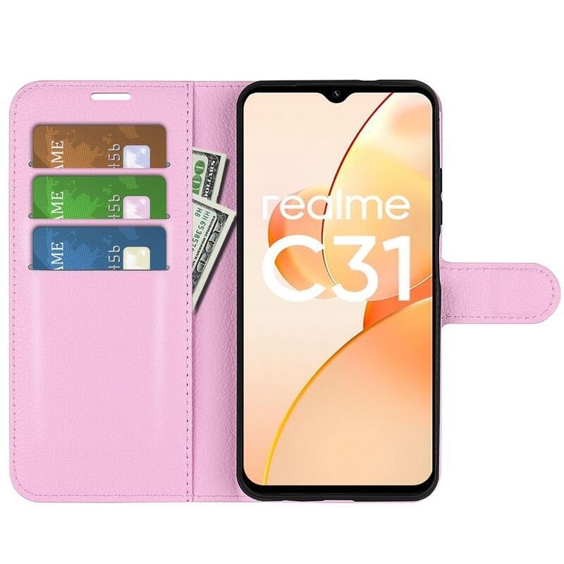 Litchi PU bőr pénztárca tok mobilhoz Realme C31 - rózsaszín