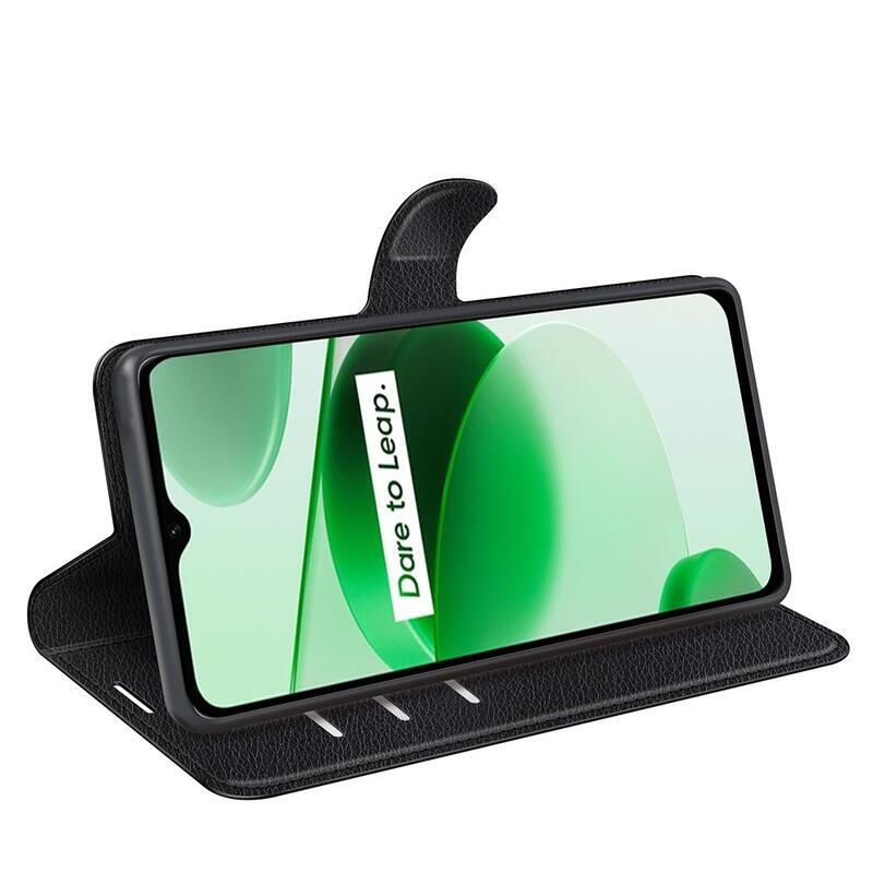 Litchi PU bőr pénztárca tok Realme C35 mobiltelefonhoz - fekete