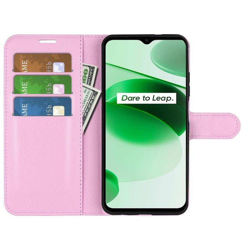 Litchi PU bőr pénztárca tok mobilhoz Realme C35 - rózsaszín