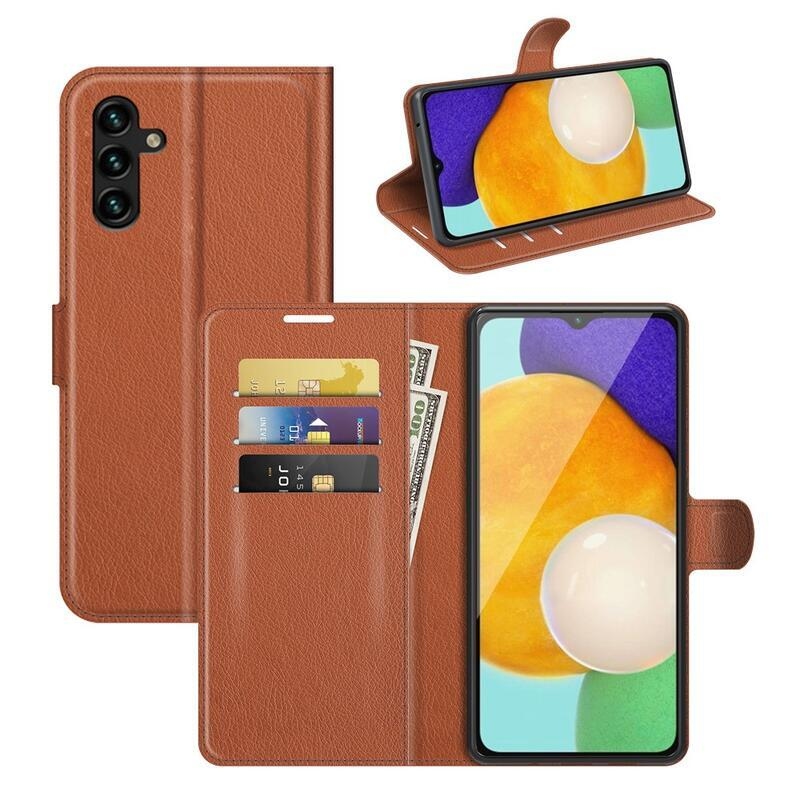 Litchi PU bőr pénztárca tok Samsung Galaxy A13 5G/Galaxy A04s (164.7 x 76.7 x 9.1 mm) - barna