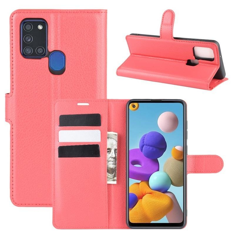 Litchi PU bőr pénztárca tok Samsung Galaxy A21s készülékhez - piros