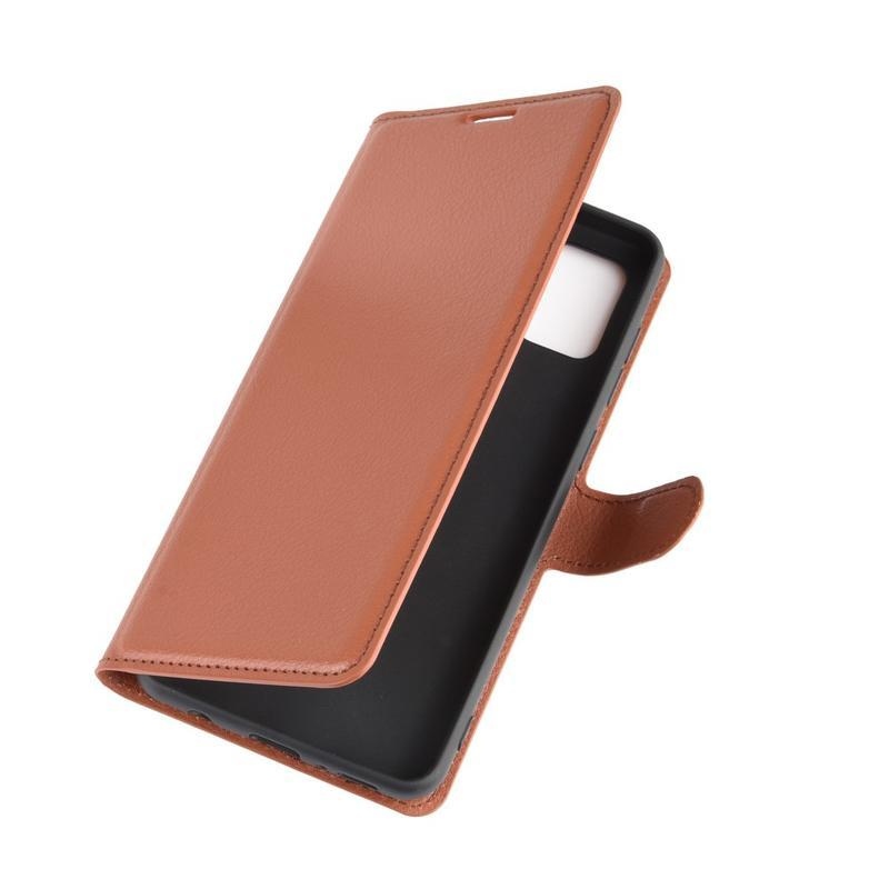 Litchi PU bőr pénztárca tok Samsung Galaxy A21s készülékhez - barna