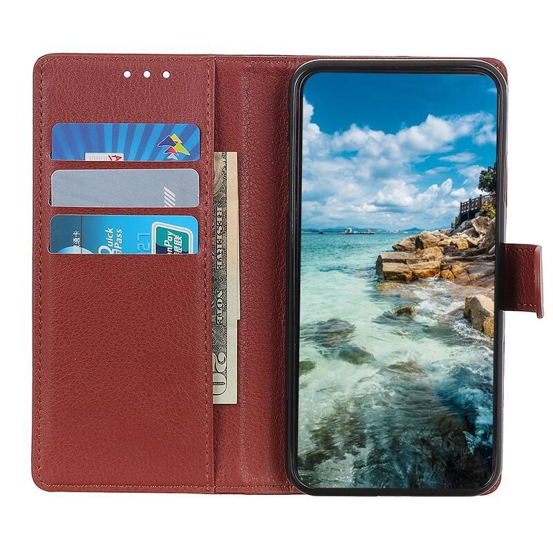 Litchii PU bőr pénztárca tok Samsung Galaxy A22 5G-hez - barna