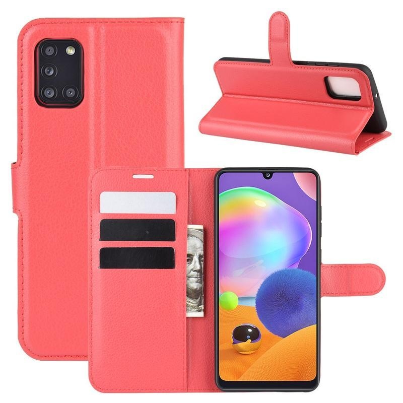 Litchi PU bőr pénztárca-tok a Samsung Galaxy A31 mobiltelefonhoz – piros