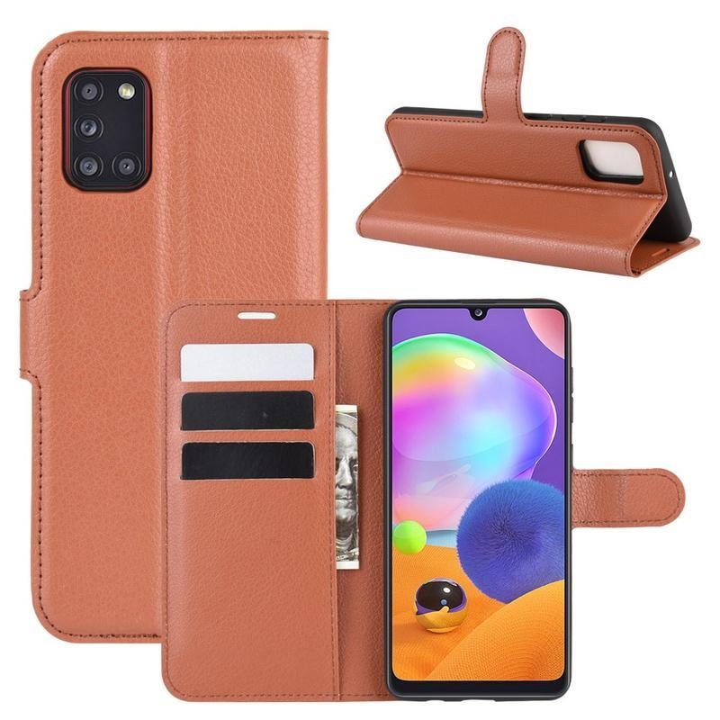 Litchi PU bőr pénztárca-tok a Samsung Galaxy A31 mobiltelefonhoz – barna