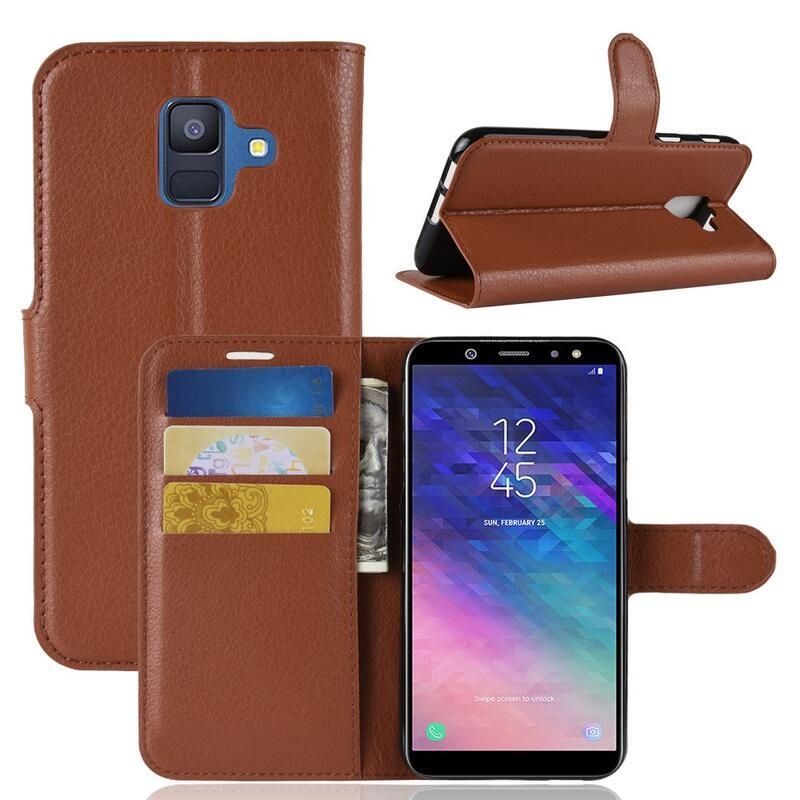 Litchi PU bőr pénztárca tok Samsung Galaxy A6 (2018) számára - barna