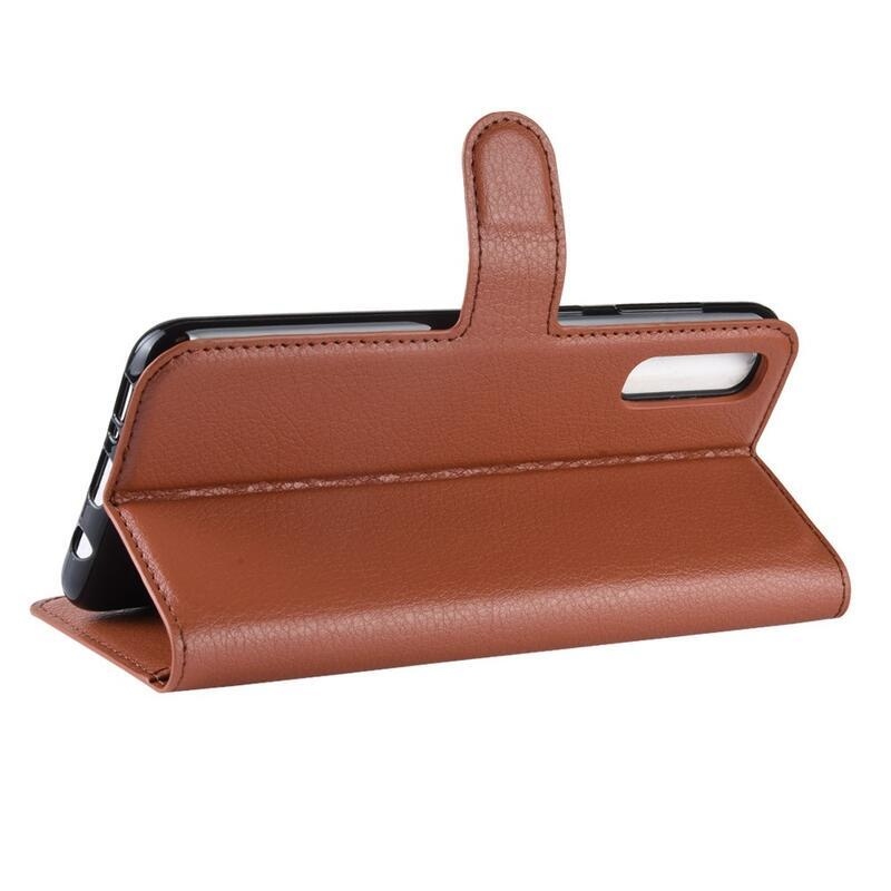 Litchi PU bőr pénztárca tok Samsung Galaxy A70-hez - barna