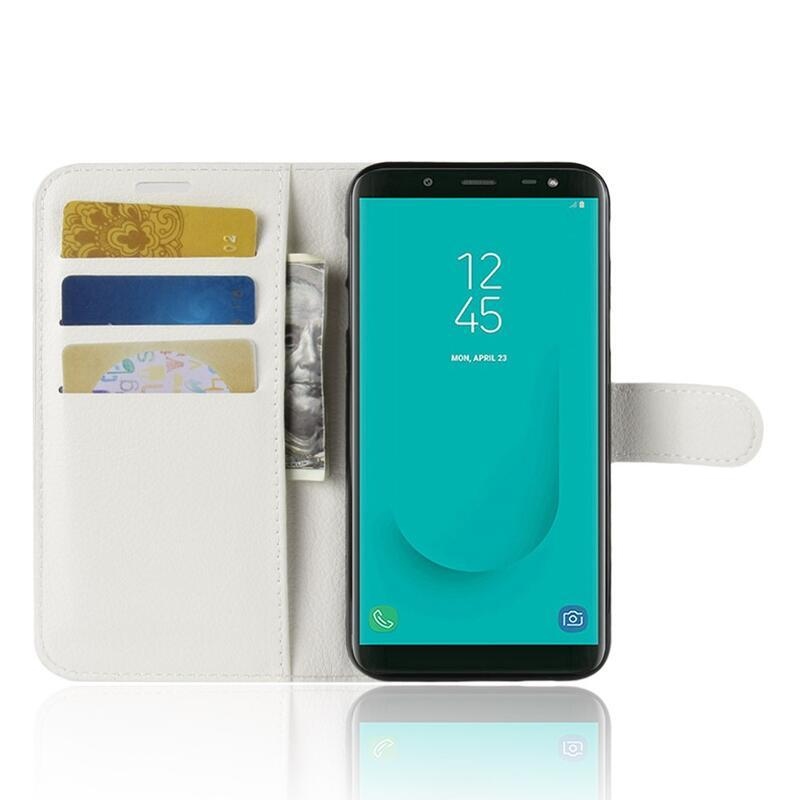 Litchi PU bőr pénztárca tok Samsung Galaxy J6 (2018) számára - fehér