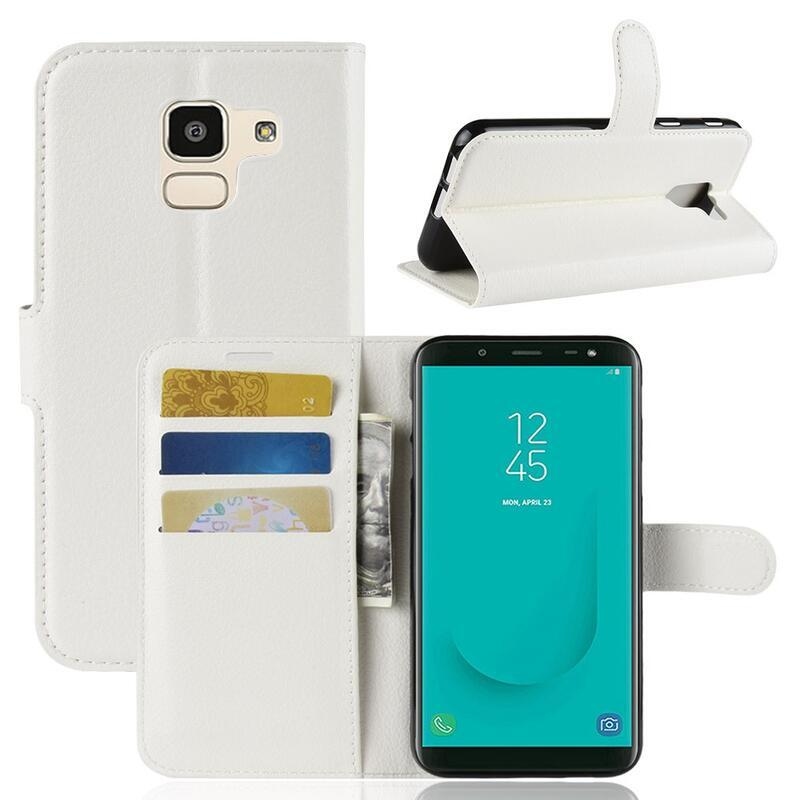 Litchi PU bőr pénztárca tok Samsung Galaxy J6 (2018) számára - fehér