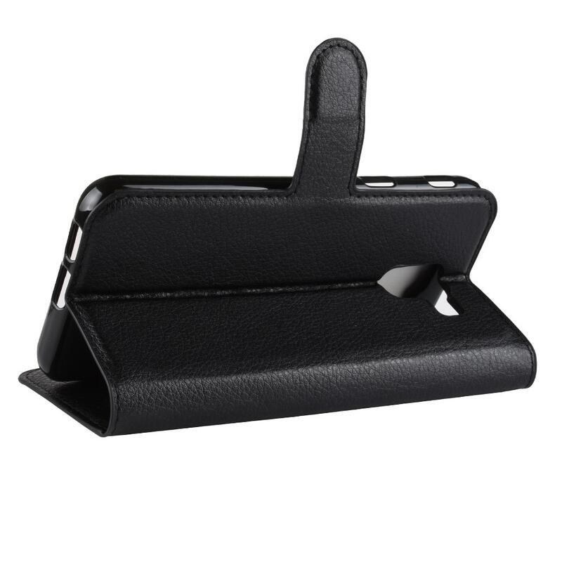 Litchi PU bőr pénztárca tok Samsung Galaxy J6 (2018) számára - fekete