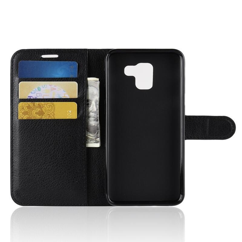 Litchi PU bőr pénztárca tok Samsung Galaxy J6 (2018) számára - fekete