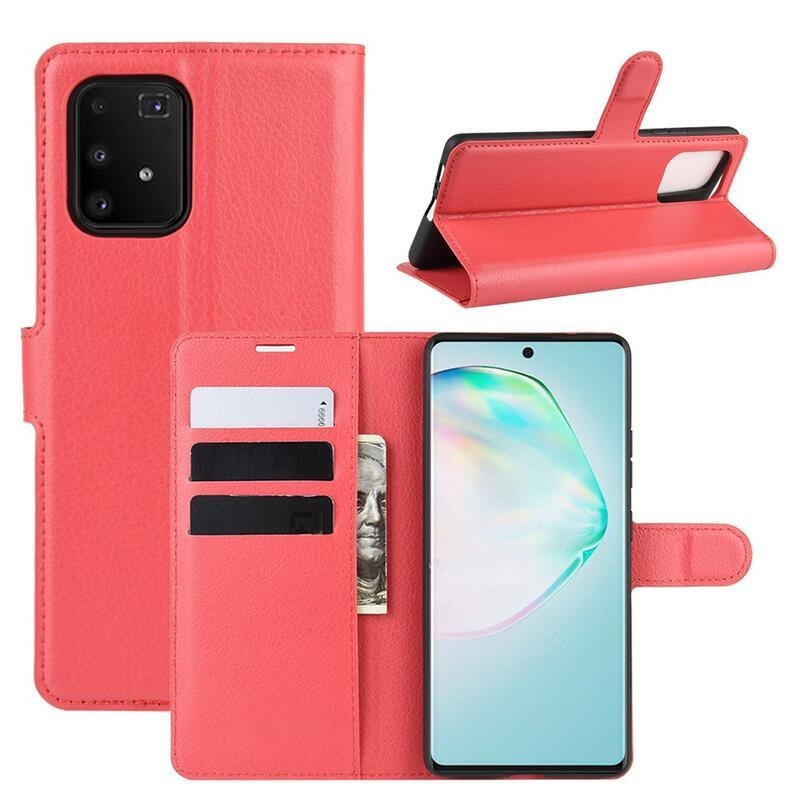 Litchi PU bőr pénztárca tok Samsung Galaxy S10 Lite-hoz - piros
