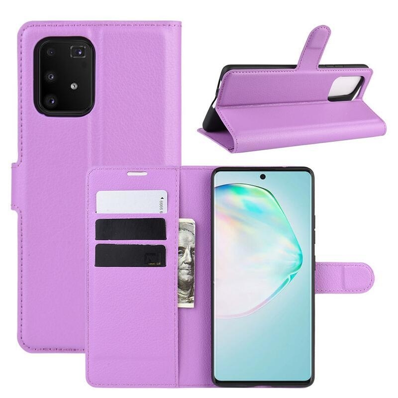 Litchi PU bőr pénztárca tok Samsung Galaxy S10 Lite-hoz - lila