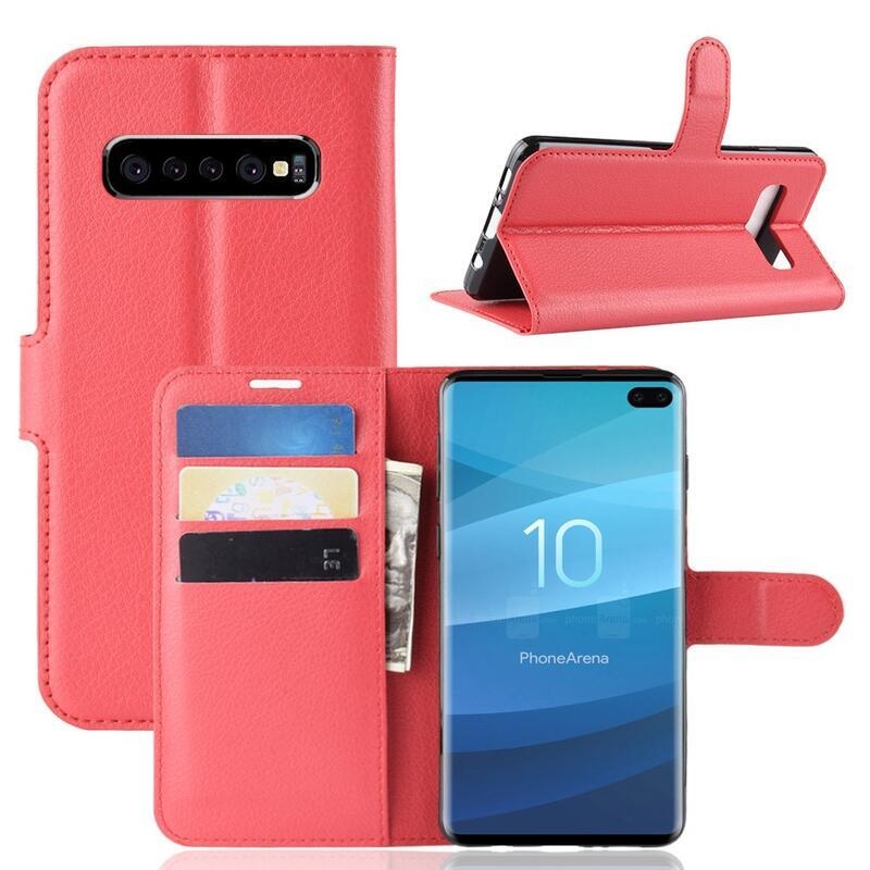 Litchi PU bőr pénztárca tok Samsung Galaxy S10 plus-hoz - piros