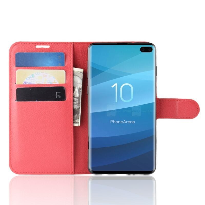 Litchi PU bőr pénztárca tok Samsung Galaxy S10 plus-hoz - piros