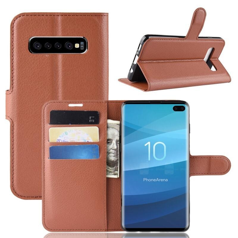 Litchi PU bőr pénztárca tok Samsung Galaxy S10 plus-hoz - barna