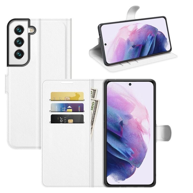 Litchi PU bőr pénztárca tok Samsung Galaxy S22 5G-hez - fehér
