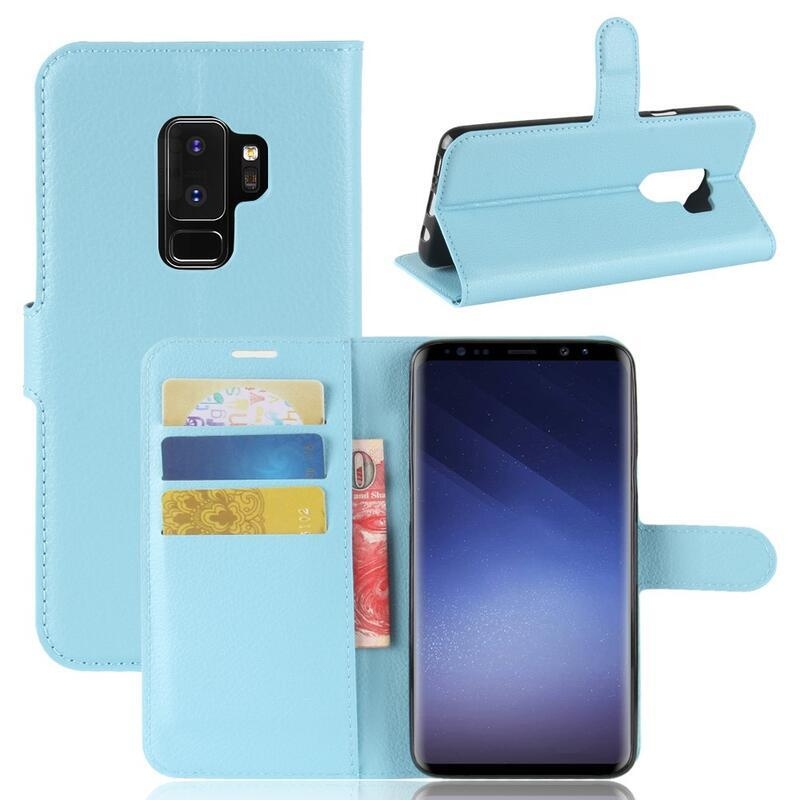 Litchi PU bőr pénztárca tok Samsung Galaxy S9+-hoz - világoskék