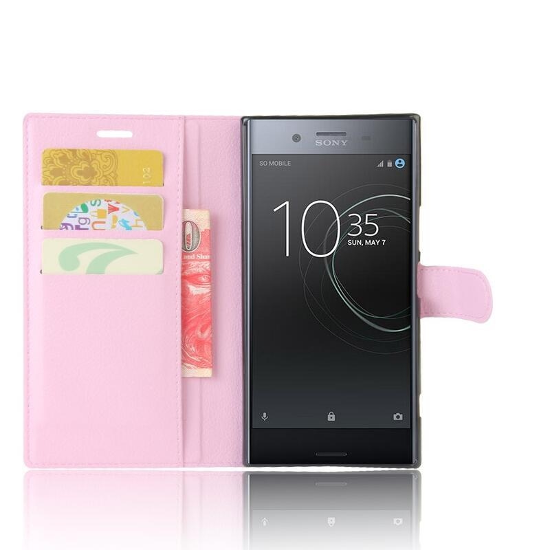 Litchi PU bőr pénztárca tok a Sony Xperia XZ Premiumhoz - rózsaszínű