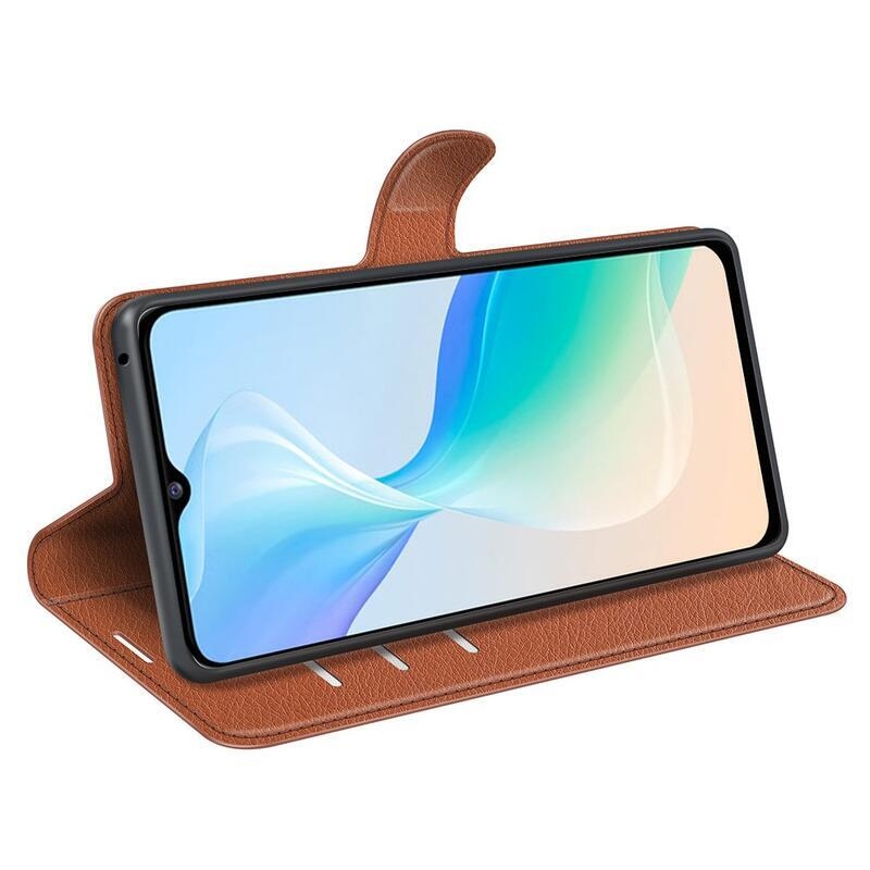 Litchi PU bőr pénztárca tok a Vivo Y76 5G/Y76s számára - barna