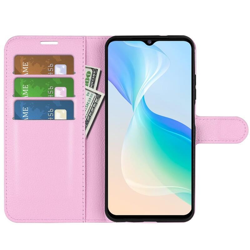 Litchi PU bőr pénztárca tok a Vivo Y76 5G/Y76s számára - rózsaszínű
