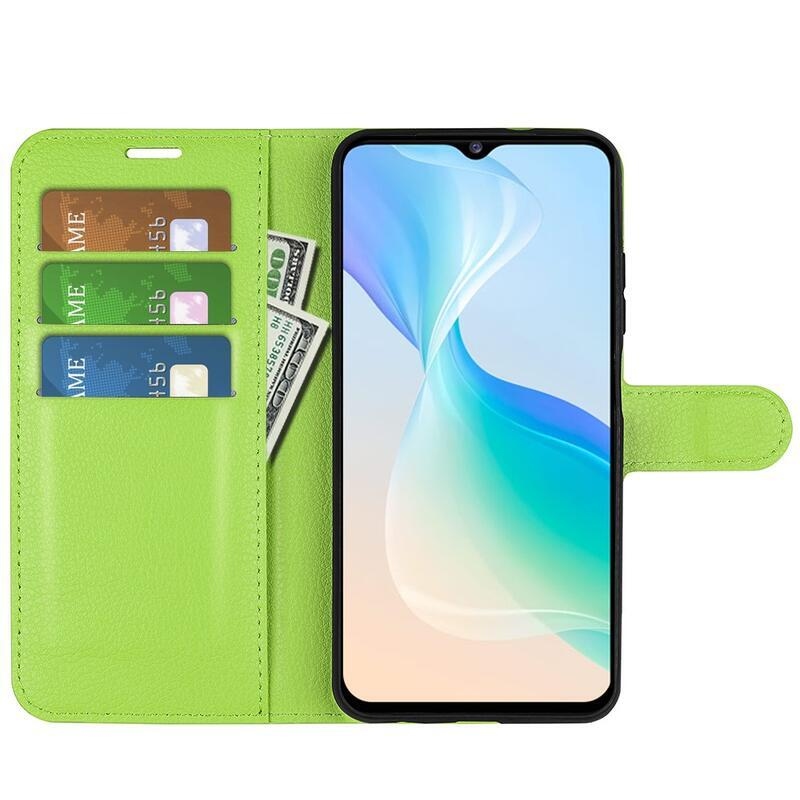 Litchi PU bőr pénztárca tok a Vivo Y76 5G/Y76s számára - zöld