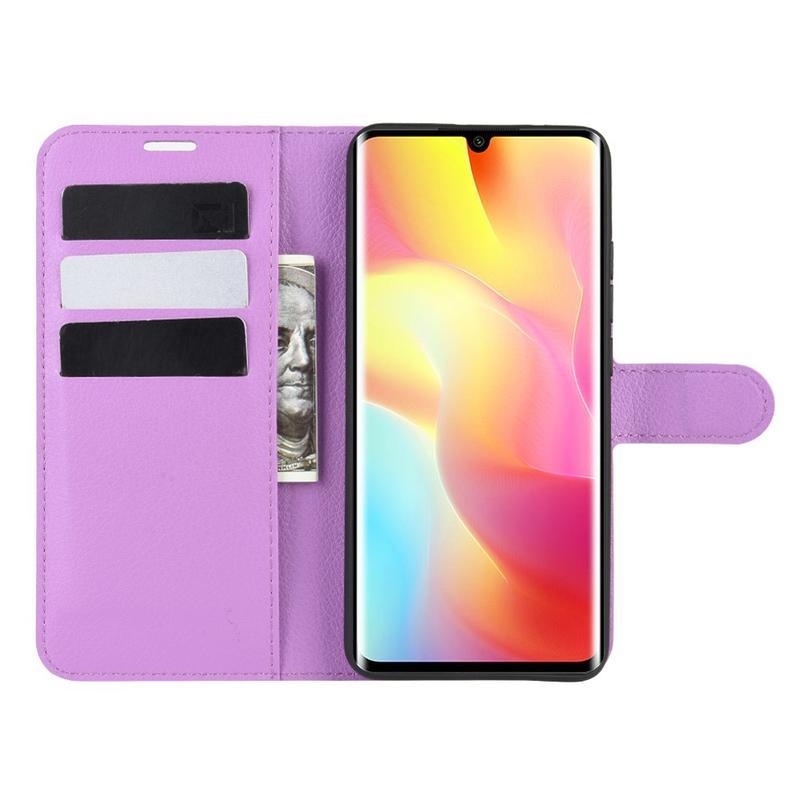 Litchi PU bőr pénztárca tok Xiaomi Mi Note 10 Lite-hoz - lila