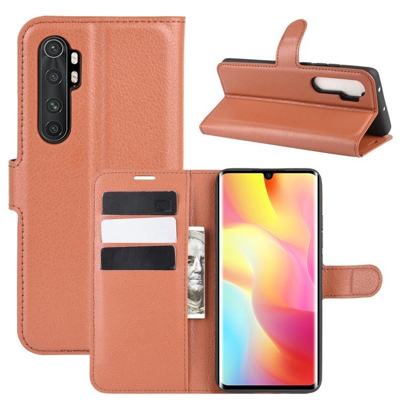 Litchi PU bőr pénztárca tok Xiaomi Mi Note 10 Lite-hoz - barna