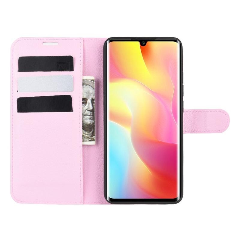 Litchi PU bőr pénztárca tok a Xiaomi Mi Note 10 Lite-hoz - rózsaszínű