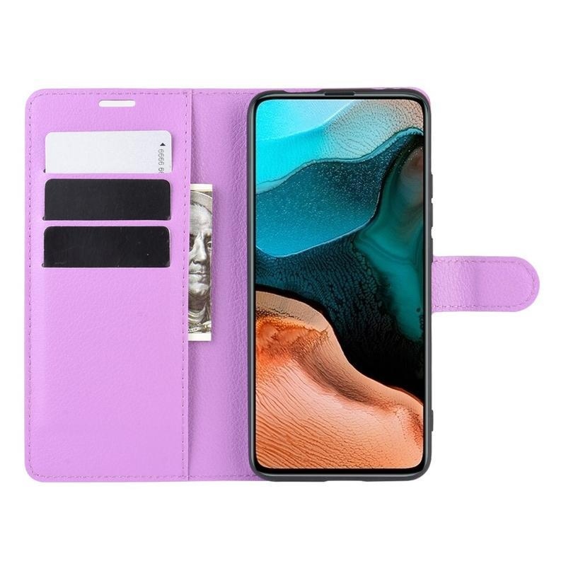 Litchi PU bőr pénztárca tok a Xiaomi Poco F2 Pro-hoz - lila