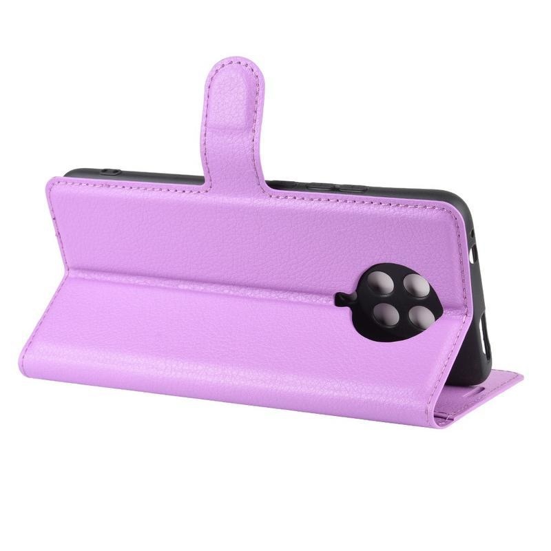 Litchi PU bőr pénztárca tok a Xiaomi Poco F2 Pro-hoz - lila