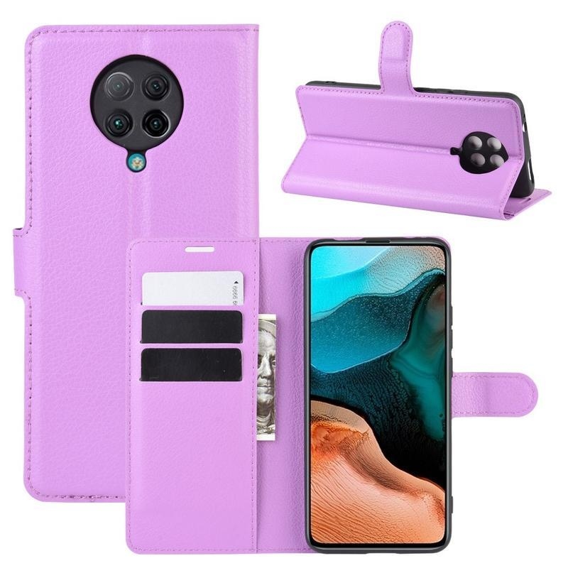 Litchi PU bőr pénztárca tok a Xiaomi Poco F2 Pro-hoz - lila