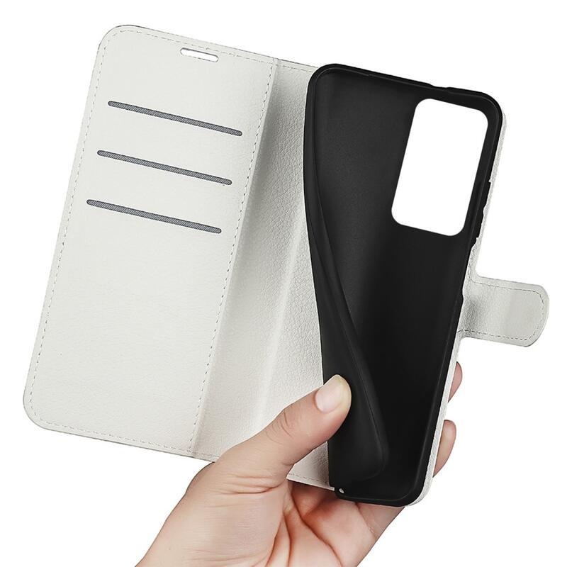 Litchi PU bőr pénztárca tok a Xiaomi Poco F4 5G-hez - fehér