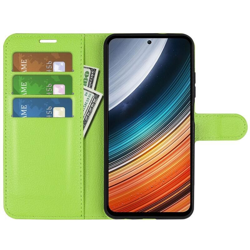 Litchi PU bőr pénztárca tok a Xiaomi Poco F4 5G-hez - zöld