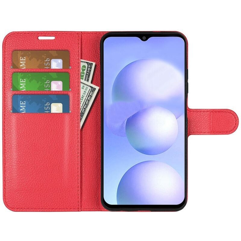 Litchi PU bőr pénztárca tok a Xiaomi Poco M4 5G-hez - piros