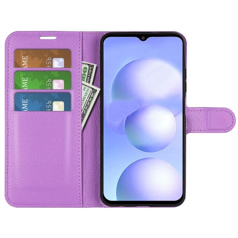Litchi PU bőr pénztárca tok a Xiaomi Poco M4 5G számára - lila