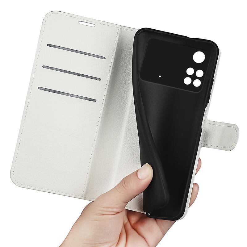 Litchi PU bőr pénztárca tok a Xiaomi Poco M4 Pro 4G-hez - fehér