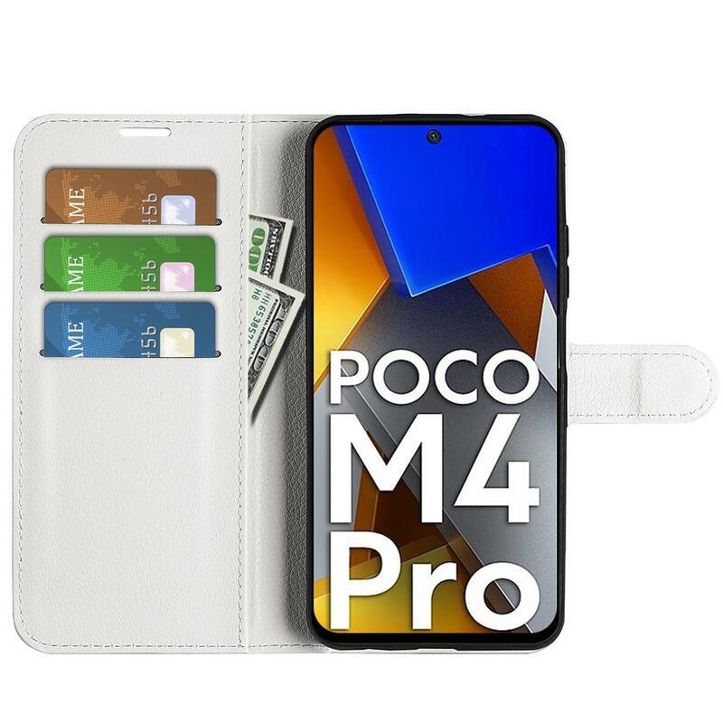 Litchi PU bőr pénztárca tok a Xiaomi Poco M4 Pro 4G-hez - fehér