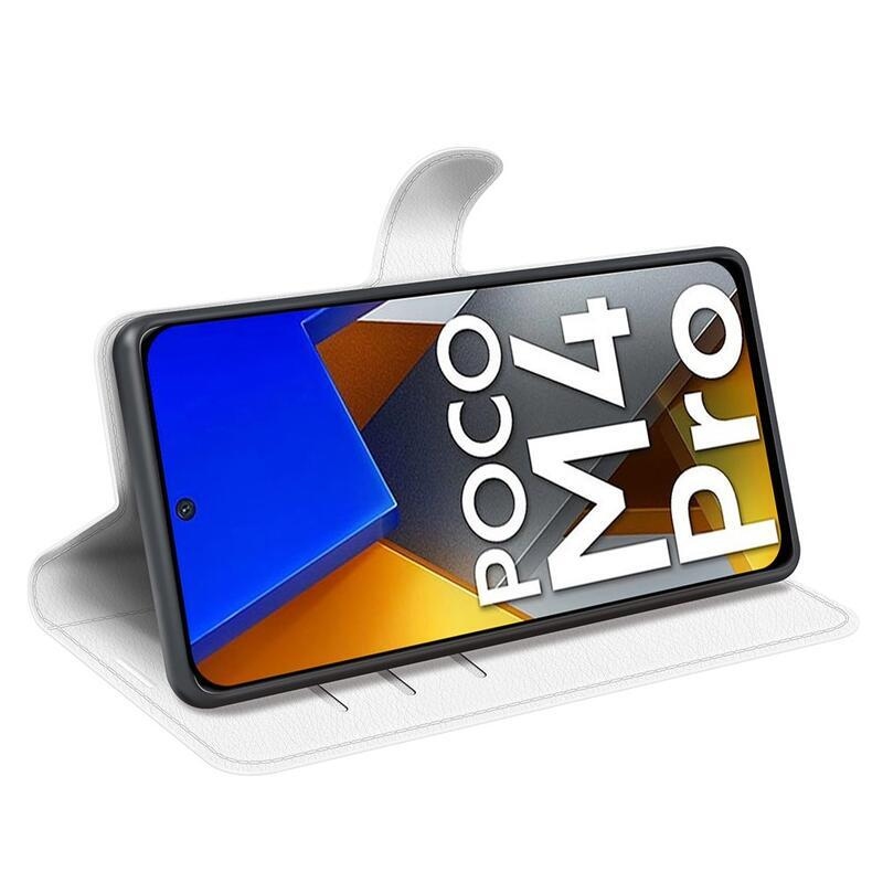 Litchi PU bőr pénztárca tok a Xiaomi Poco M4 Pro 4G-hez - fehér
