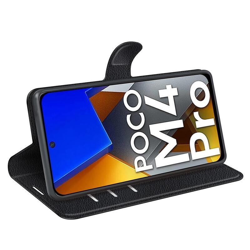 Litchi PU bőr pénztárca tok a Xiaomi Poco M4 Pro 4G-hez - fekete