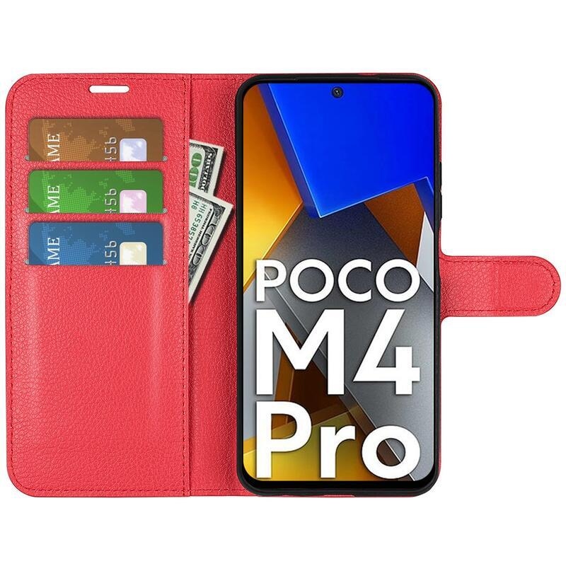 Litchi PU bőr pénztárca tok a Xiaomi Poco M4 Pro 4G-hez - piros