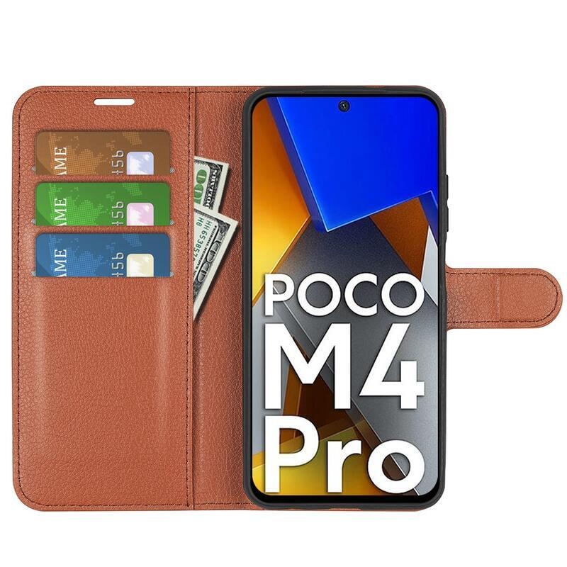 Litchi PU bőr pénztárca tok a Xiaomi Poco M4 Pro 4G-hez - barna