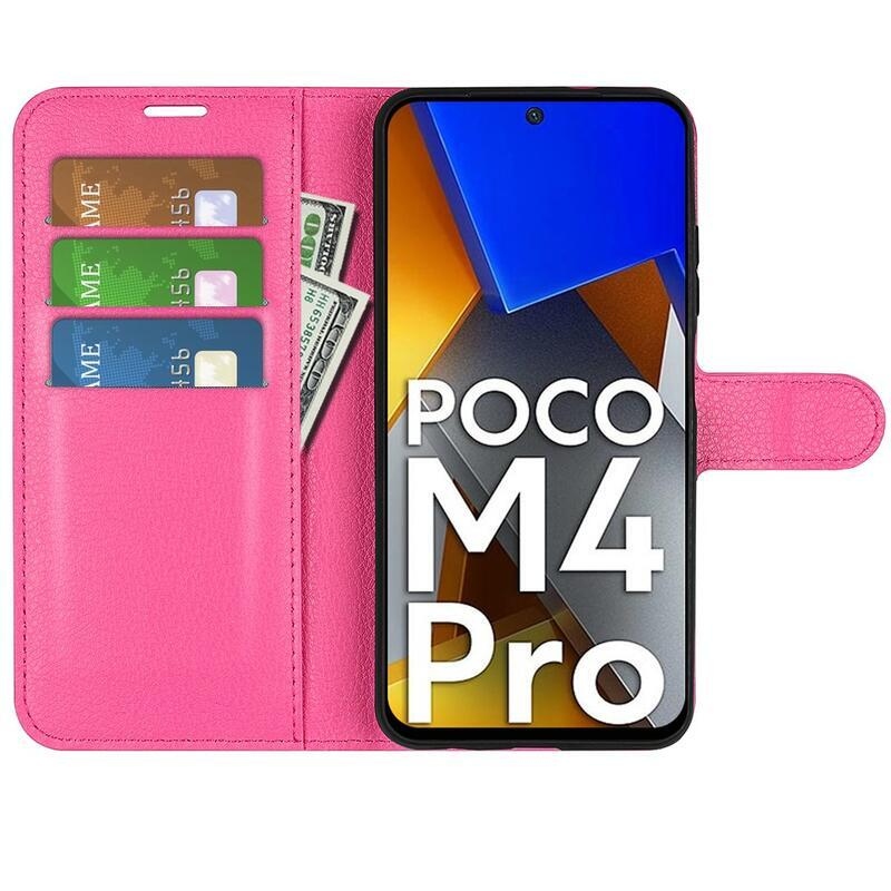 Litchi PU bőr pénztárca tok Xiaomi Poco M4 Pro 4G - rózsaszínű
