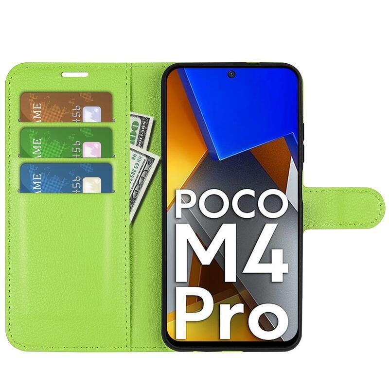 Litchi PU bőr pénztárca tok a Xiaomi Poco M4 Pro 4G-hez - zöld