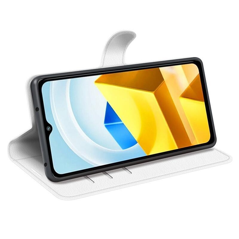 Litchi PU bőr pénztárca tok a Xiaomi Poco M5-hez - fehér