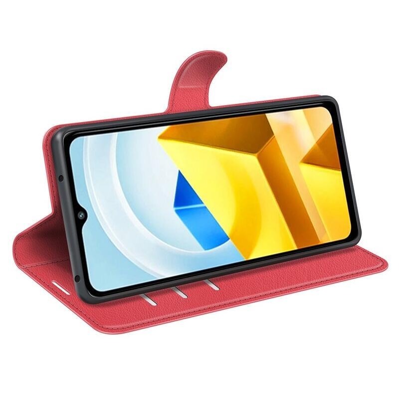Litchi PU bőr pénztárca tok a Xiaomi Poco M5-hez - piros