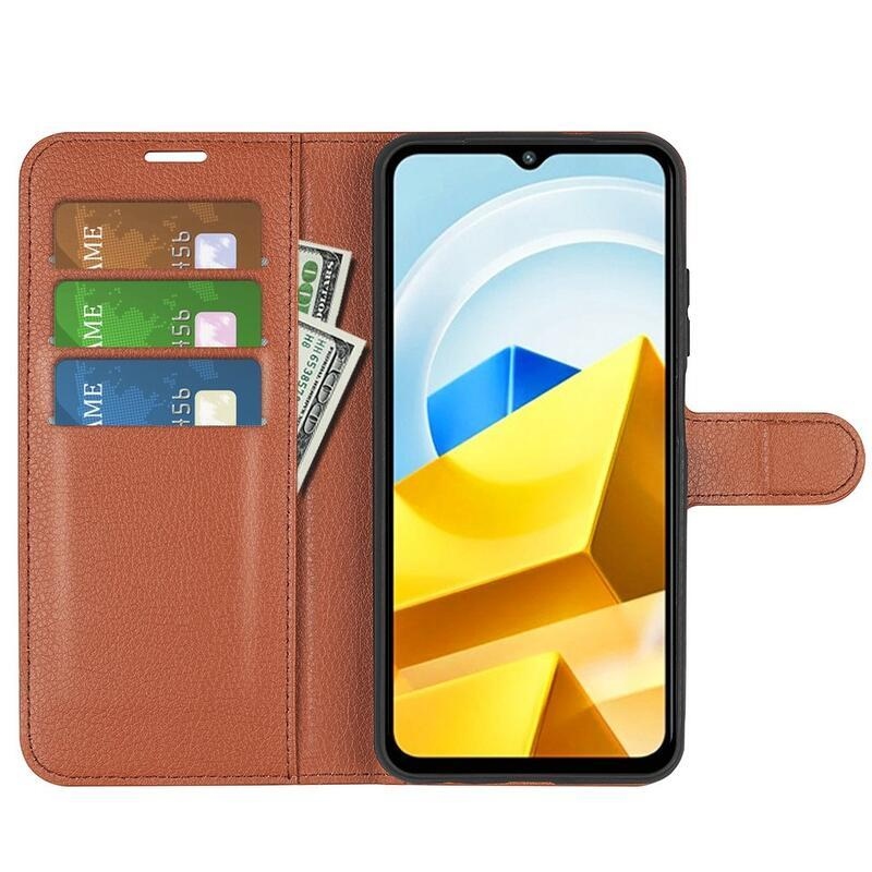 Litchi PU bőr pénztárca tok a Xiaomi Poco M5-hez - barna