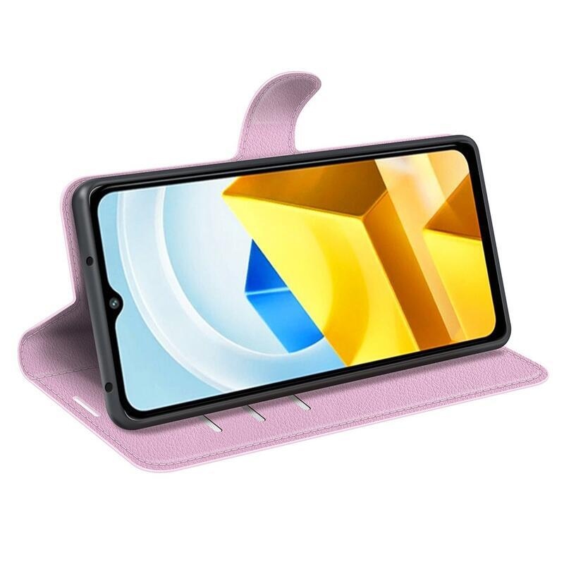 Litchi PU bőr pénztárca tok a Xiaomi Poco M5-hez - rózsaszínű